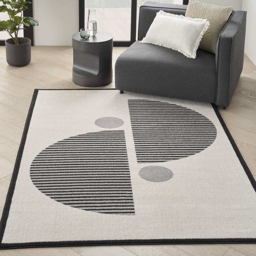 Ivory & Black Geometric 6'x9' Synthetic Easy-Care Rug