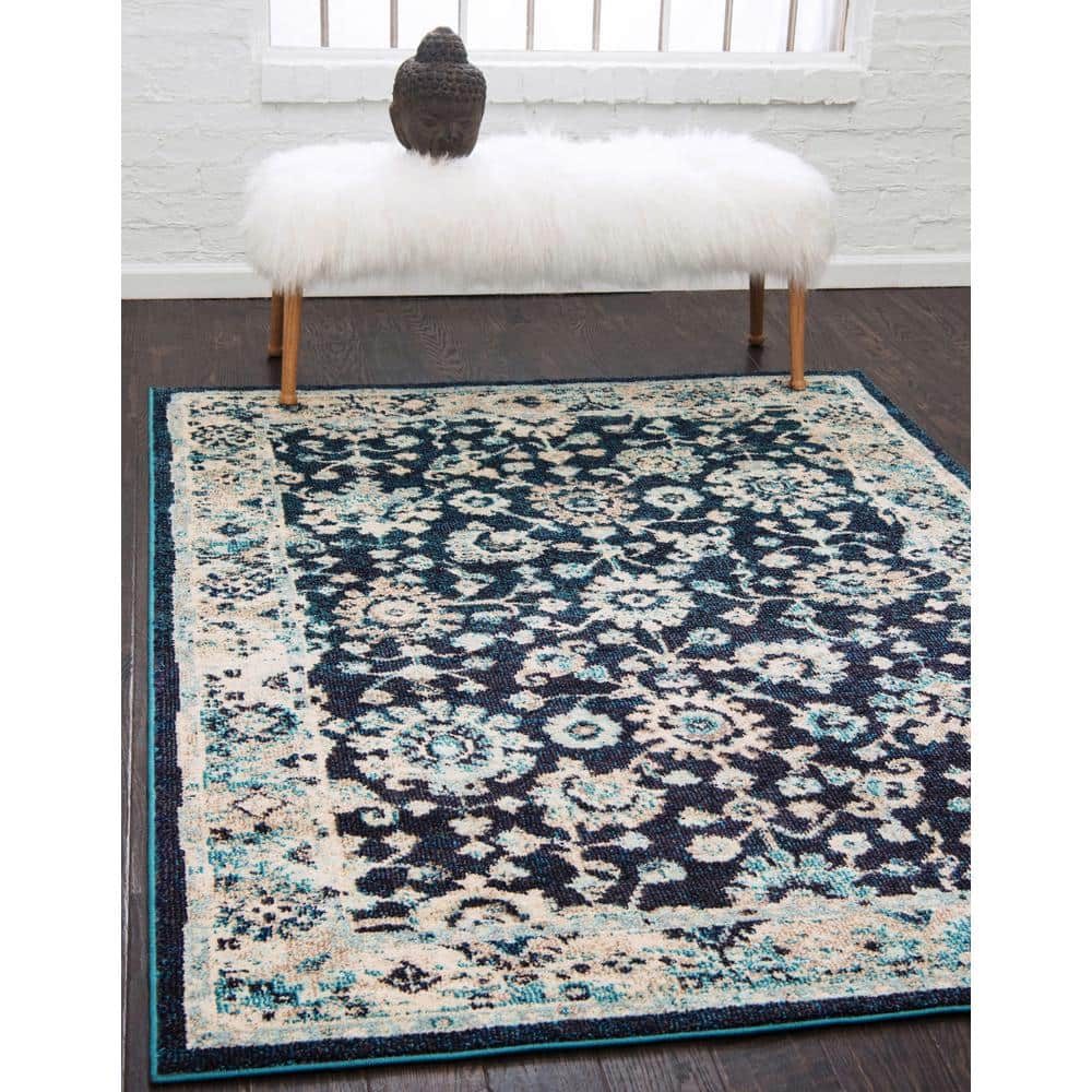 Navy Blue and Beige Floral Synthetic 10' x 14' Area Rug