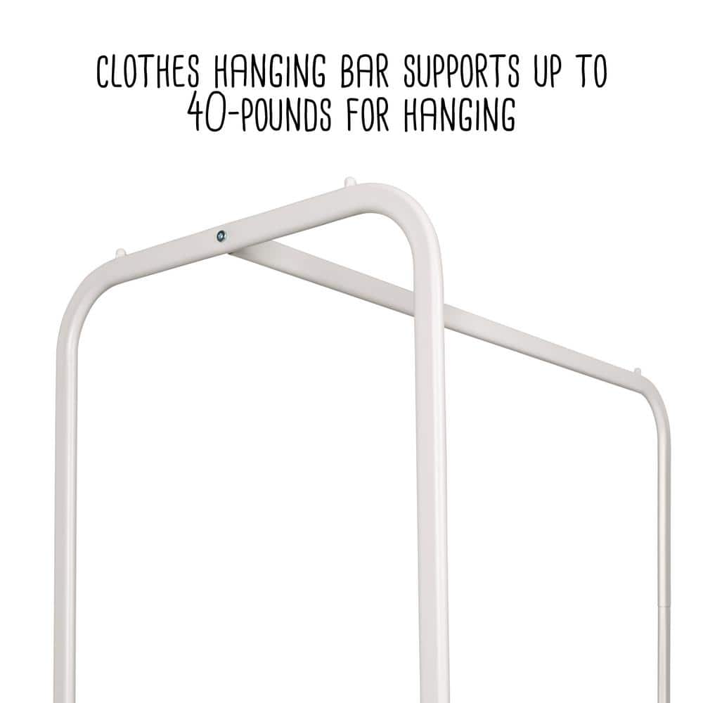 White and Ash Freestanding Steel Clothing Rack with Wood Shelf