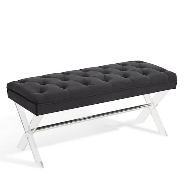 Armen Living Joanna Black 18 in. H x 43 in. W x 18 in. D Ottoman Bench in Tufted Velvet with Crystal Buttons and Acrylic Legs