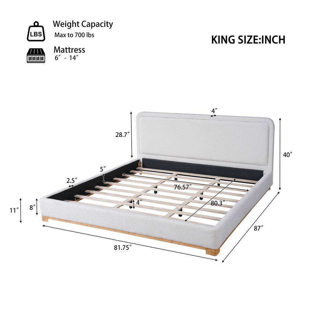 White Wood Frame King Size Soft Boucle Upholstered Platform Bed with Solid Rubber Wood Base and Legs - thumbnail 2