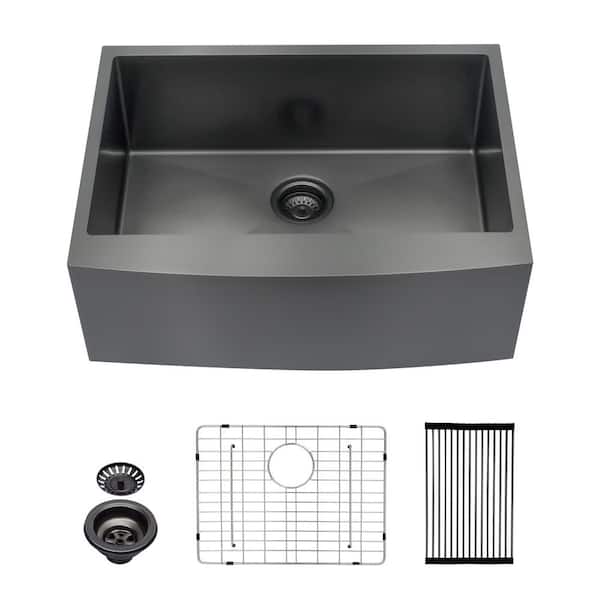 27 in. Farmhouse Apron Front Single Bowl 16-Gauge Gunmetal Black Stainless Steel Kitchen Sink with Bottom Grid