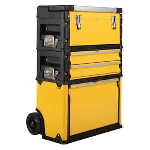 Portable Tool Box with Wheels Stackable - Tool Chest with Telescopic Comfort Grip Handle, Yellow