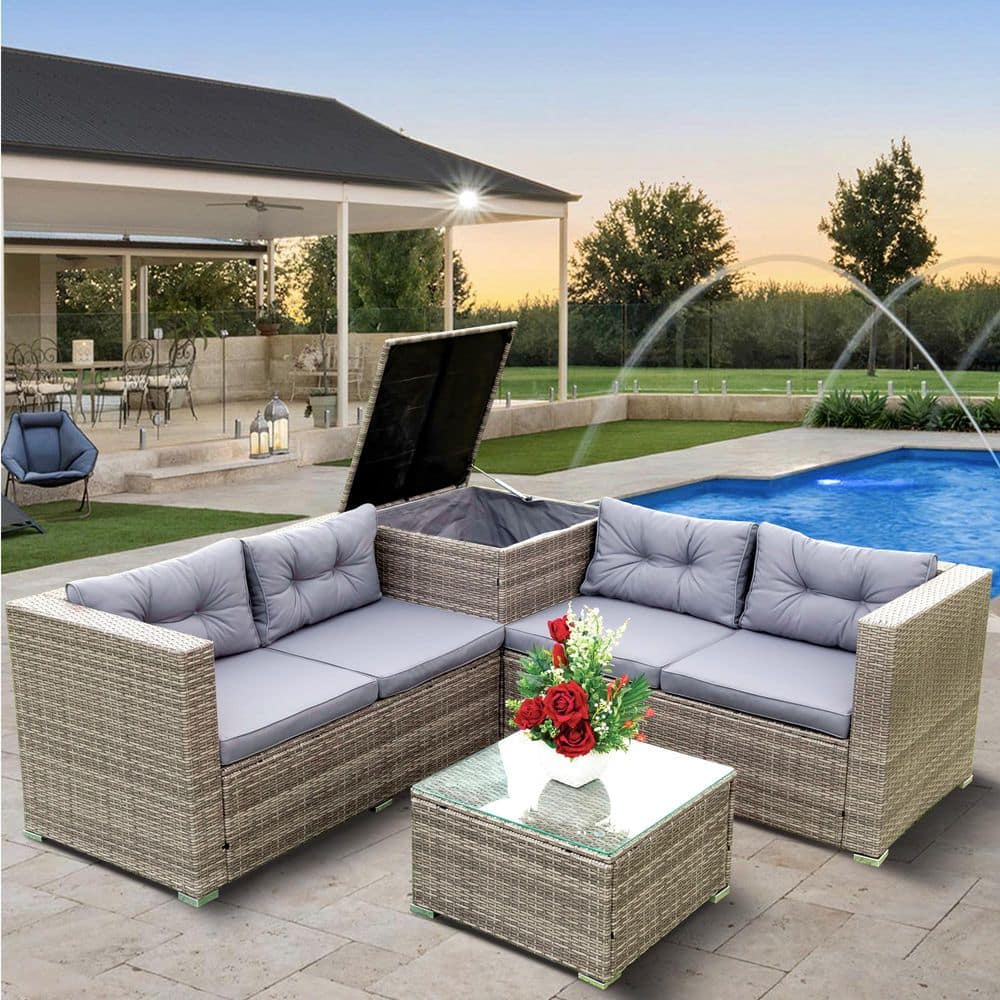 Wicker 4 Piece Patio Outdoor Polyester Sectional Sofa with Gray Cushions an