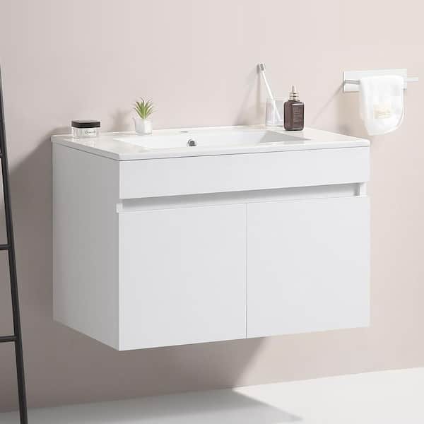 FAMYYT 30 in. W x 18.3 in. D x 19.7 in. H Single Sink Floating Solid Wood Bath Vanity in White with White Ceramic Top