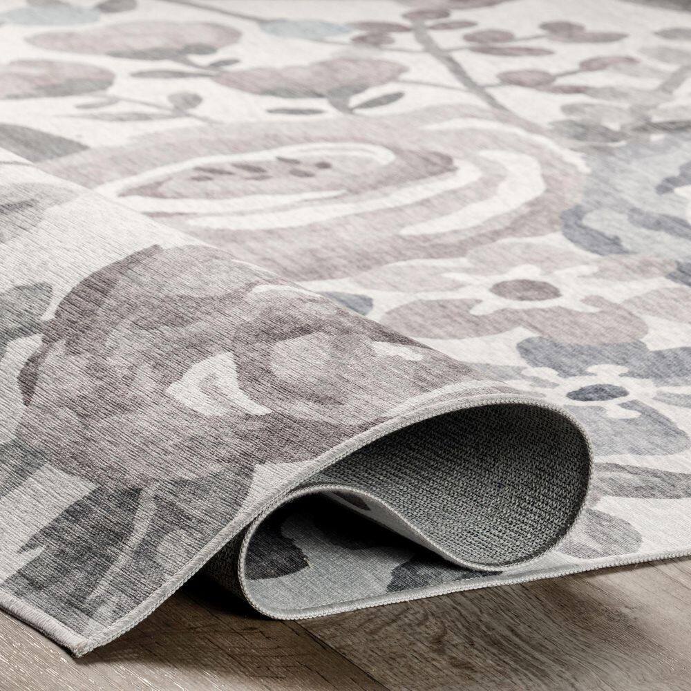 Gray Floral Washable Stain-Resistant Synthetic Area Rug 4' x 6'
