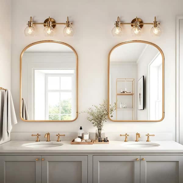 Plated Brass 3-Light Vanity Light Modern 22 in. Linear Bathroom Powder Room Wall Sconce with Globe Clear Glass Shades