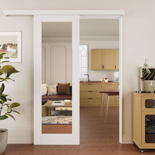 28 in. x 80 in. Hidden Track Style 1-Lite Mirrored Glass White Primed MDF Sliding Barn Door with Hardware Kit