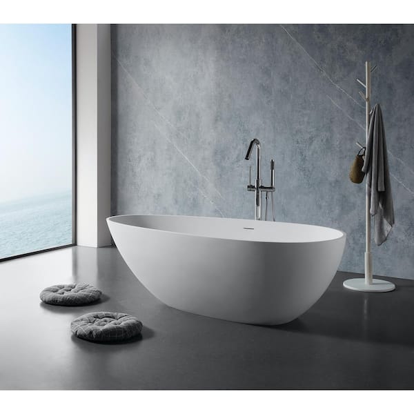 59 in. x 31 in. Solid Surface Stone Resin Flatbottom Freestanding Bathtub Soaking Bathtub in Matte White