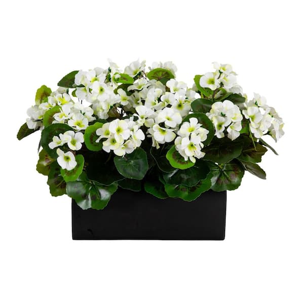 13 in. UV Resistant Artificial Geranium in Rectangular Planter (Indoor/Outdoor), White