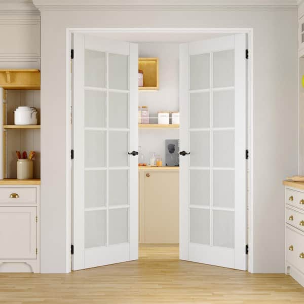 60 in. x80 in. 10-Lite Frosted Glass Universal White Solid Core Wood Double Prehung French Door Plus Quick Assemble Jamb