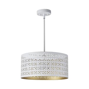 60-Watts 3-Light White Shaded Pendant Light with Metal Drum Shade, No Bulbs Included