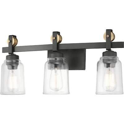 Knollwood 3-Light Antique Bronze Vanity Light with Vintage Brass Accents and Clear Glass Shades