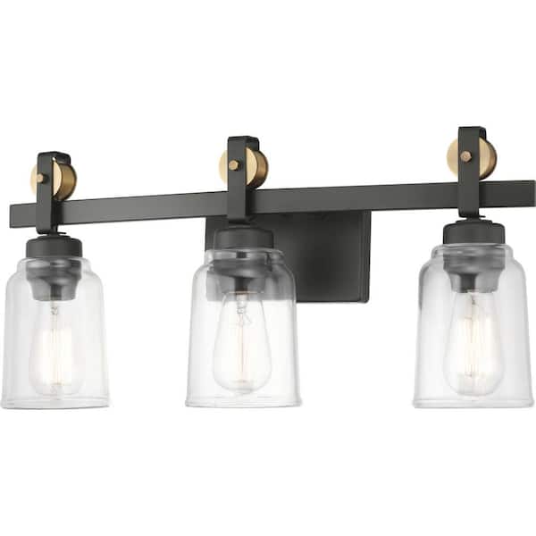 Home Decorators Collection Knollwood 3-Light Antique Bronze Vanity Light with Vintage Brass Accents and Clear Glass Shades
