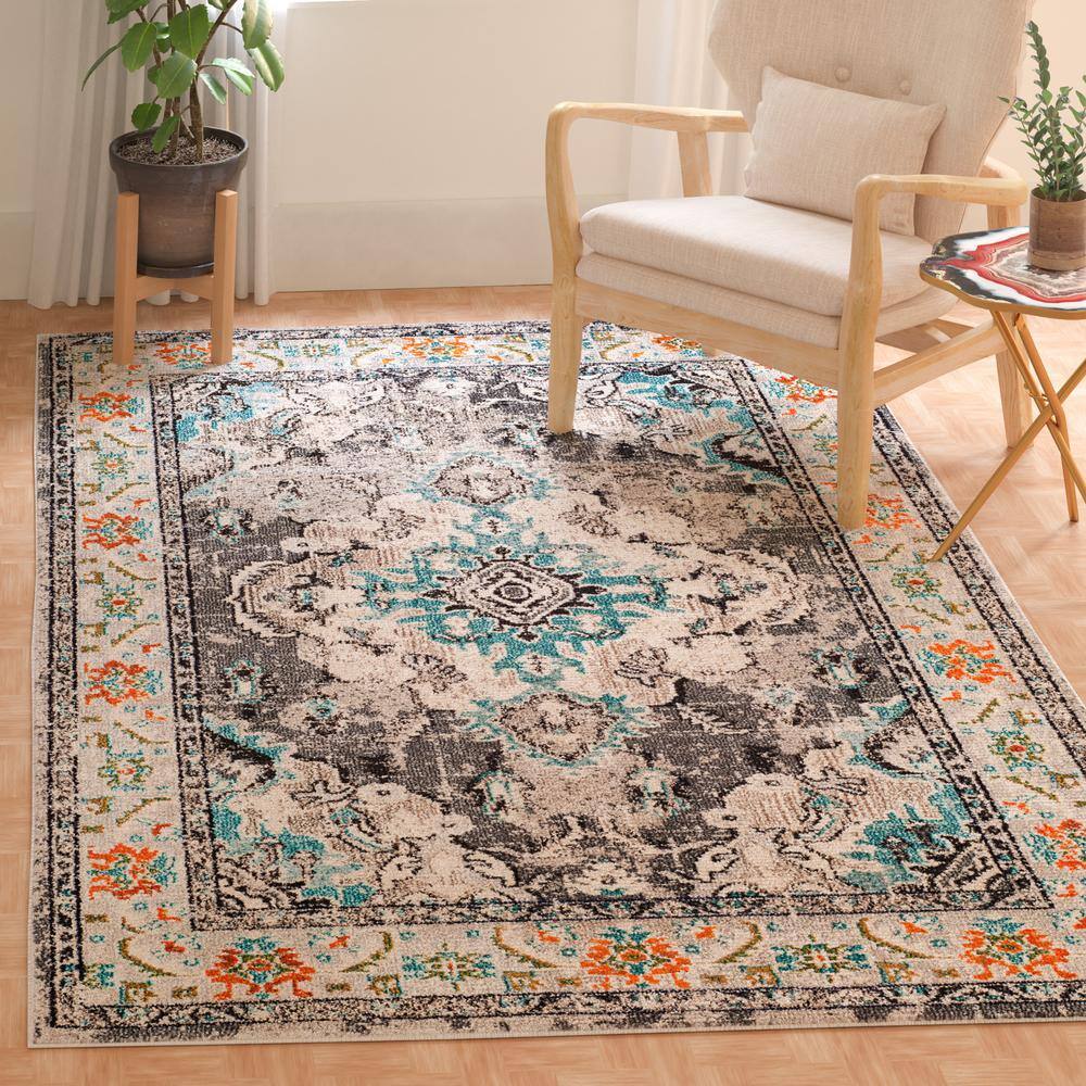 Grey and Orange Medallion 59" Round Synthetic Easy-Care Rug