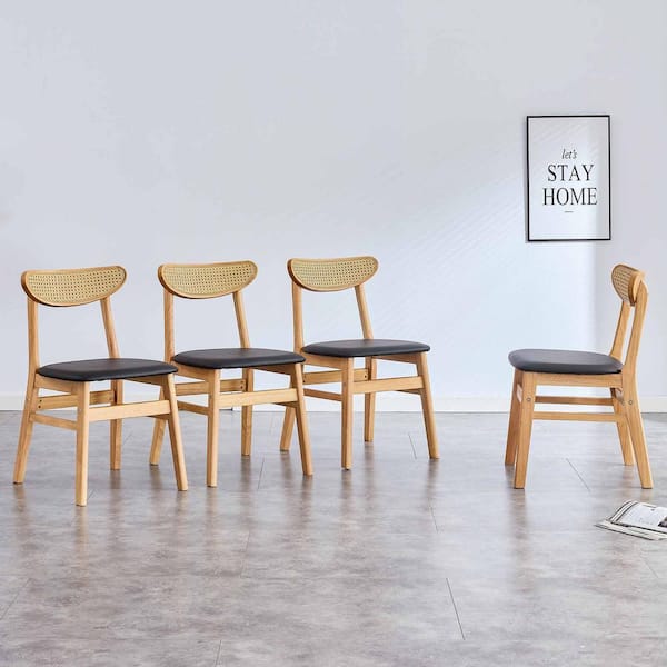 Modern Natural Wood PU Leather Seat Dining Chairs Set of 4 for Kitchen, Living, Dining Room