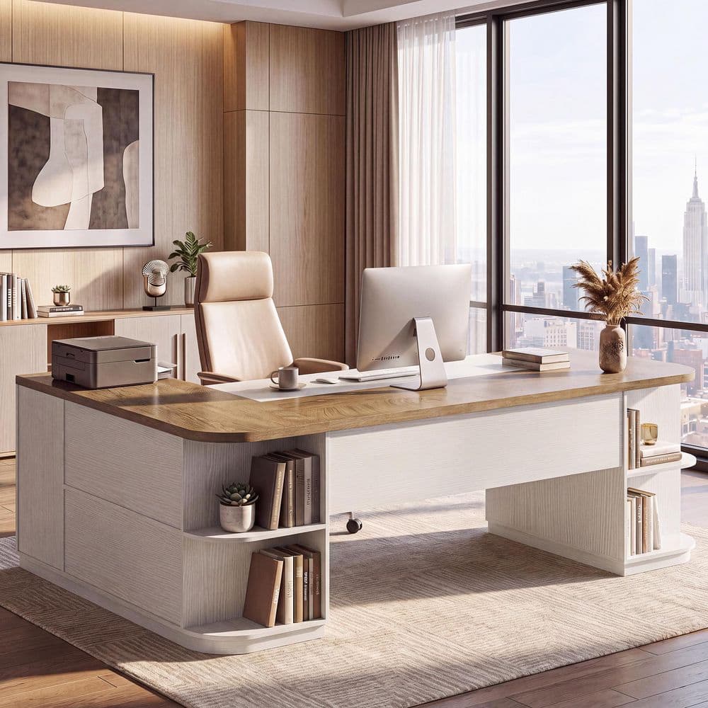 Capen 86.6 in. L Shaped Brown & White Wood Computer Desk with Lateral File Cabinet, Modern Office Desk for Home Office