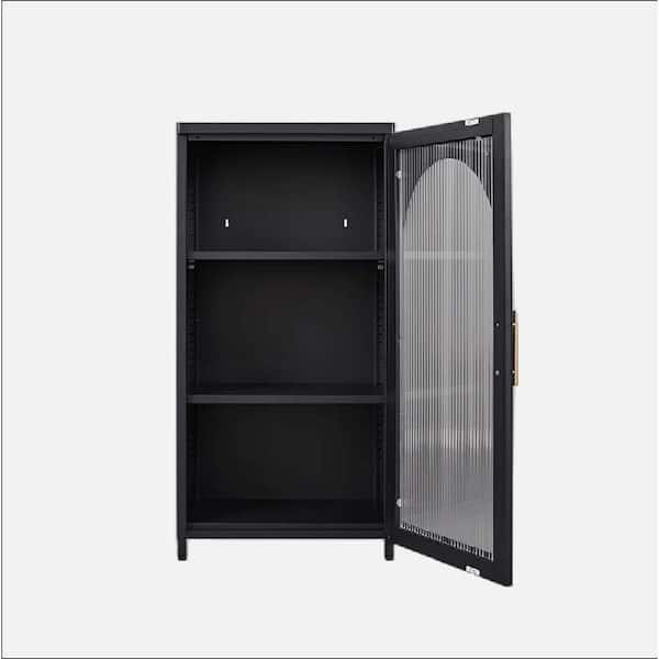 2-Shelf Black Steel Pantry Organizer Entryway Storage Cabinet with Glass Doors for Kitchen