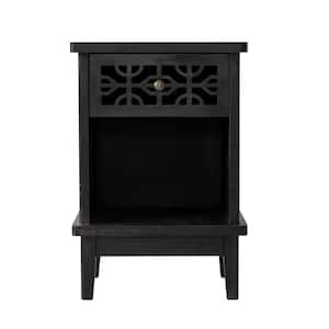 Farmhouse Solid Wood 1-Drawer Black Nightstand with Open shelf 17.75 in. L x 15.75 in. W x 26 in. H