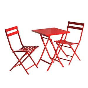 3-Piece Metal Square Patio Bistro Set Folding Table and Chairs Red