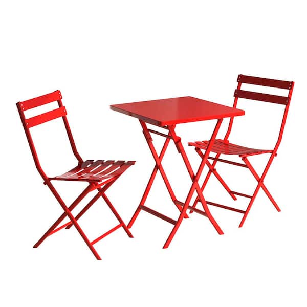 Tunearary 3-Piece Metal Square Patio Bistro Set Folding Table and Chairs Red
