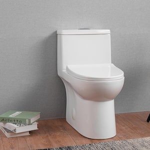 1-Piece 0.8/1.28 GPF Dual Flush Modern Elongated Toilet Soft Closing Seat in White Soft Close Seat Included