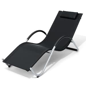 1-Piece Black Metal Outdoor Chaise Lounge with Arms and Headrest