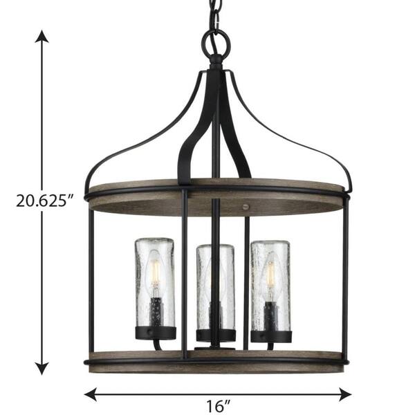 Progress Lighting Brenham 3-Light Matte Black Farmhouse Seeded Glass Cylinder Medium Indoor/Outdoor Hanging Pendant Light