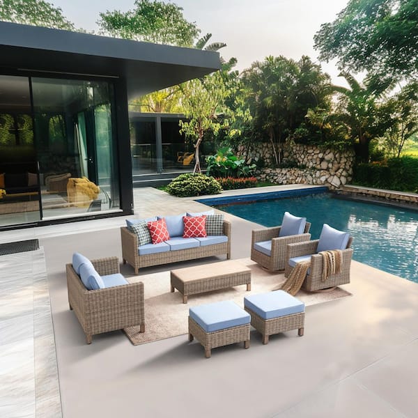 Summax 7-Piece Wicker Outdoor Patio Conversation Set with Blue Cushions and Swivel Rocking Chairs