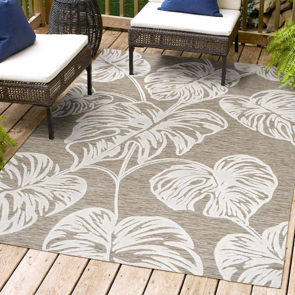Tobago Brown/Ivory 8 ft. x 10 ft. High-Low 2-Tone Monstera Leaf Indoor/Outdoor Area Rug