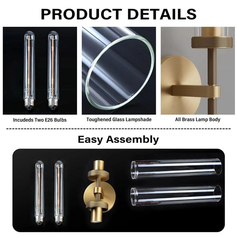 Gold Double Tube Glass and Metal Wall Sconce