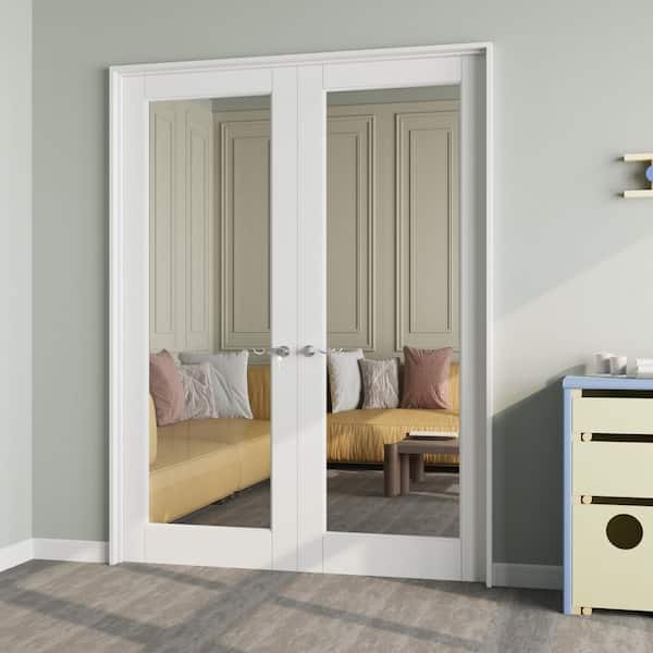 60 in. x 80 in. 1-Lite Clear Glass Universal White Solid Core Glass Double Prehung French Door+ Quick Assemble Jamb