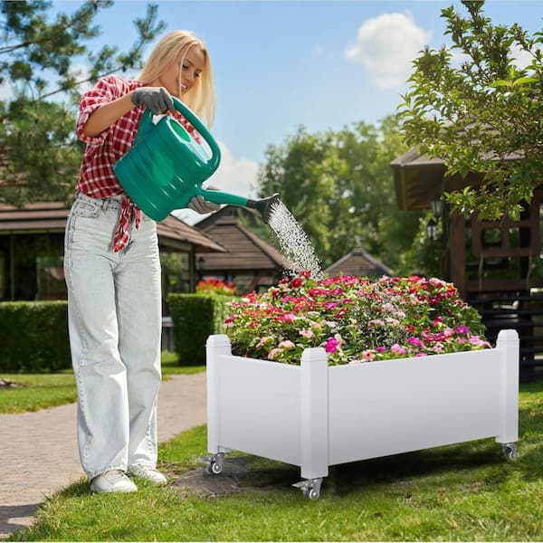 Resin Planter Box Garden Bed with Legs for Patio Backyard Balcony, 4-Swivel Lockable Wheels (Ashen, 30 x 17.7 x 17.56)