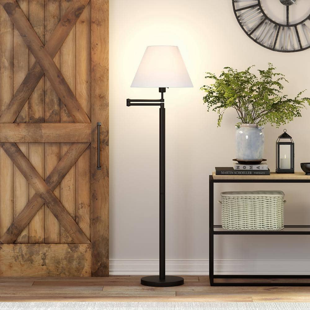 Blackened Bronze Adjustable Swing Arm Floor Lamp with White Shade