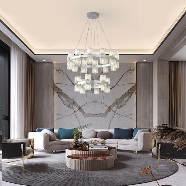 Modern 36-Light Chrome Finish 2-Tier Wagon Wheel Chandelier with Clear Cystal Shades with bulbs included