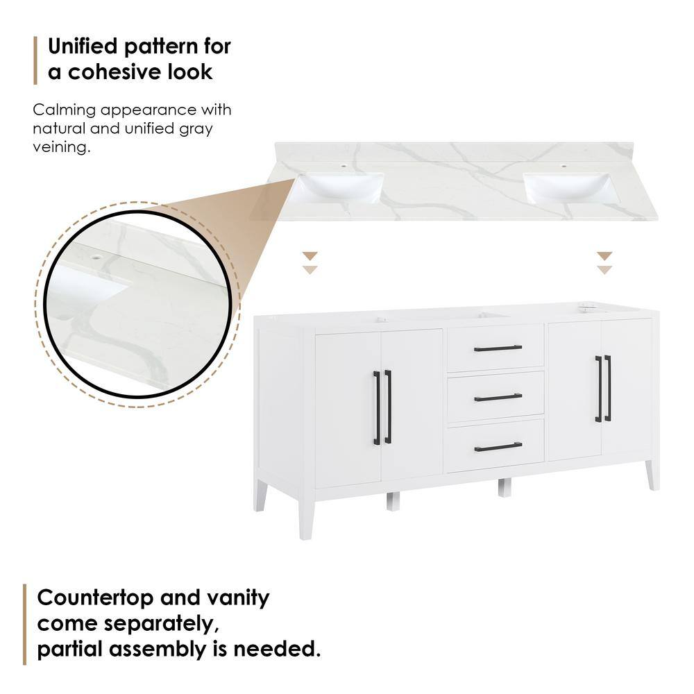 Laurel 72" White Fir Wood Vanity with Calacatta Quartz Top