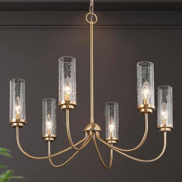 LNC Plated Brass Linear Candlestick Island Chandelier 6-Light Pendant Light with Seeded Glass Shades for Bedroom Dining Room