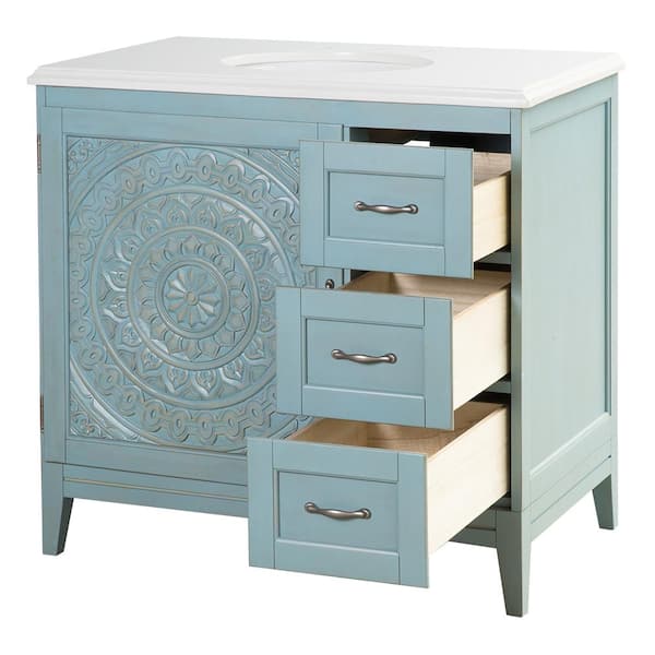 Chennai 37 in. W Single Vanity in Blue Wash with Engineered Stone Vanity Top in Crystal White with White Sink