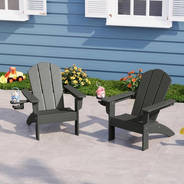 Children's Laguna Outdoor Patio Set of 2 All Weather Kids Poly Plastic Gray Adirondack Chairs w/ Cup Holders