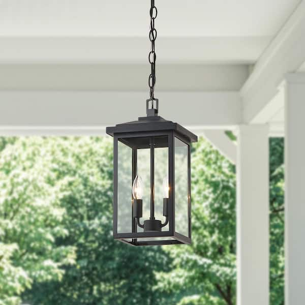 16.25 in. 2-Light Black Outdoor Lantern Pendant Light with Glass Shade