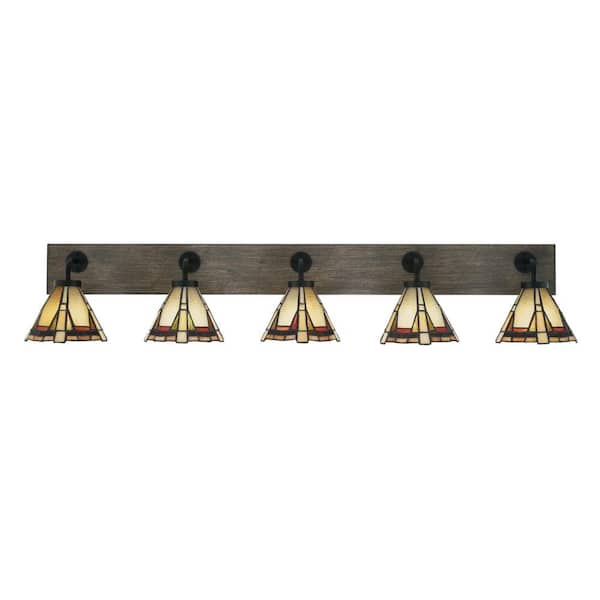 Unbranded Kirby 47.75 in. 5 Light Black & Painted Distressed Wood-look Vanity Light with 7 in. Art Glass Shades No Bulbs Included