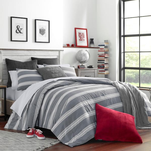 Craver 2-Piece Charcoal Gray Striped Cotton Twin/Twin X L Comforter Set