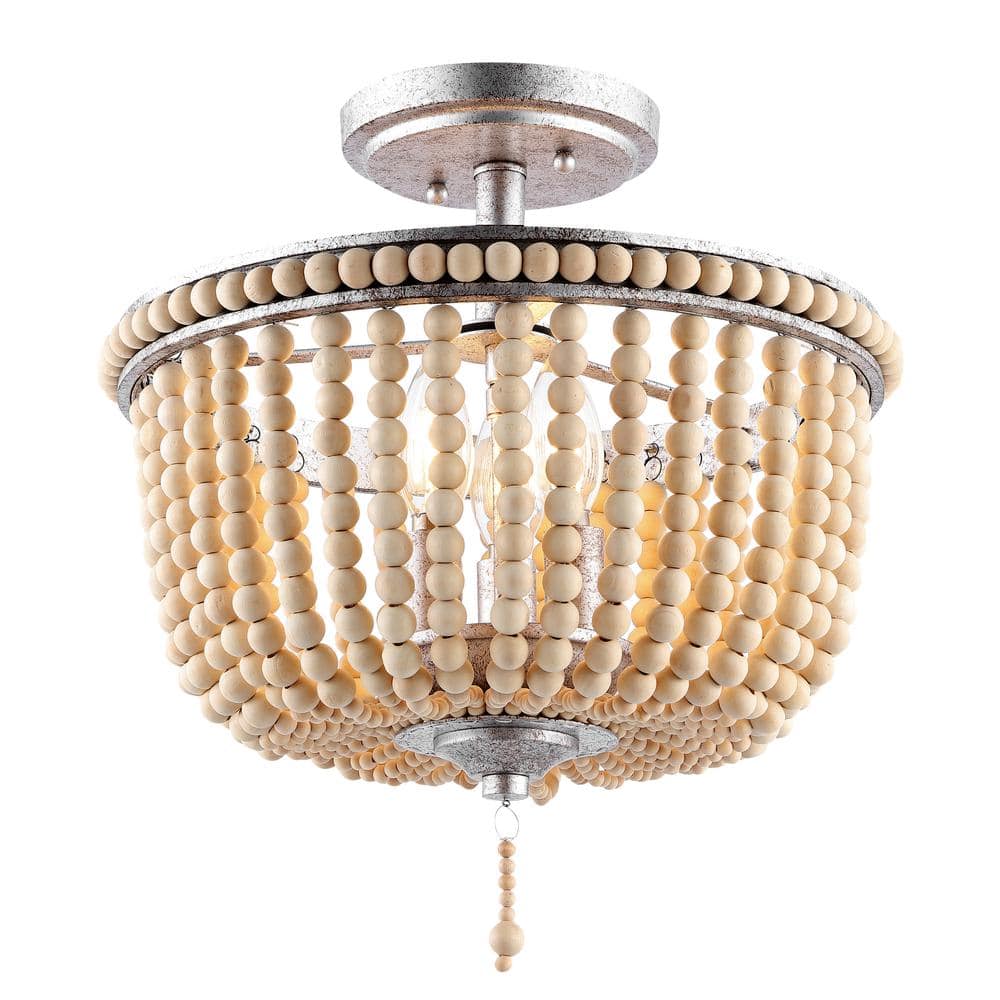 Allie 14" Antique Silver Wood Bead LED Semi Flush Mount Light