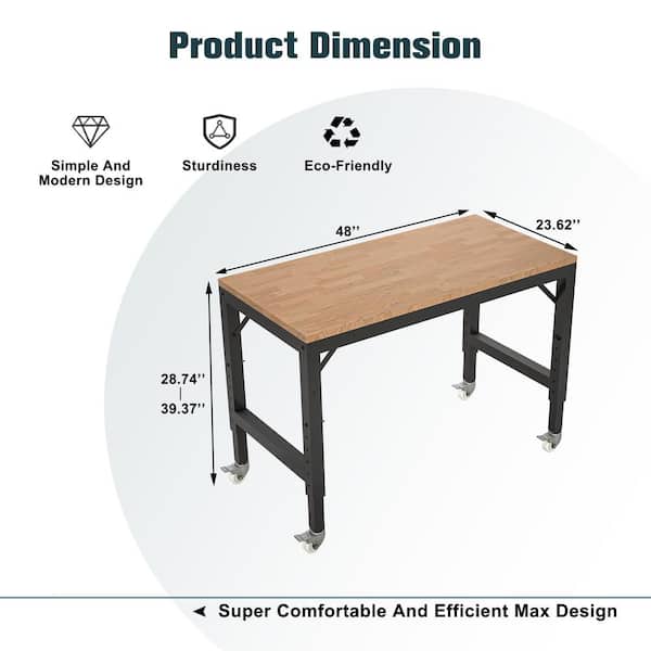 Unbranded 48 in. W Heavy Duty Adjustable Workbench for Garage Rubber Wood Shop Table W Rubber Pads with Wheels W1422P2 drqw