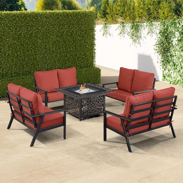 Black 5-Piece Aluminum Patio Fire Table Set with Red Cushions