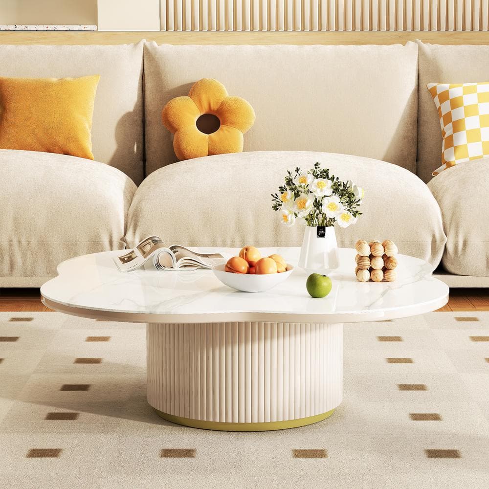 JASIWAY 32 in. White Oval Stone Top Coffee Table with Wood