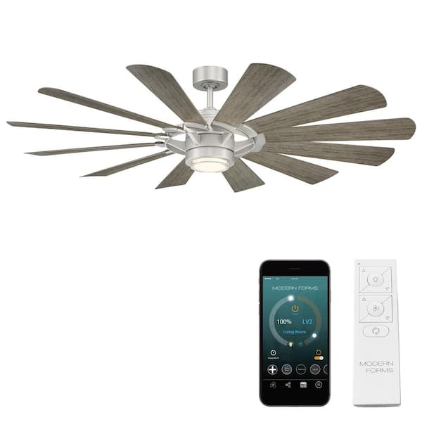 Modern Forms Wyndmill 65 in. Smart Indoor/Outdoor 12-Blade Ceiling Fan Steel Weathered Wood with 3000K LED and Remote Control