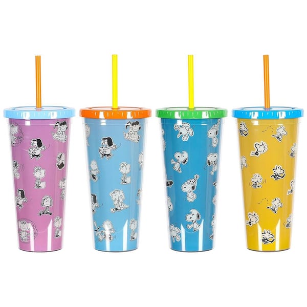 Peanuts 70th Anniversary 23.6 oz. 4 Piece Assorted plastic Tumbler Set with Lid and Straw