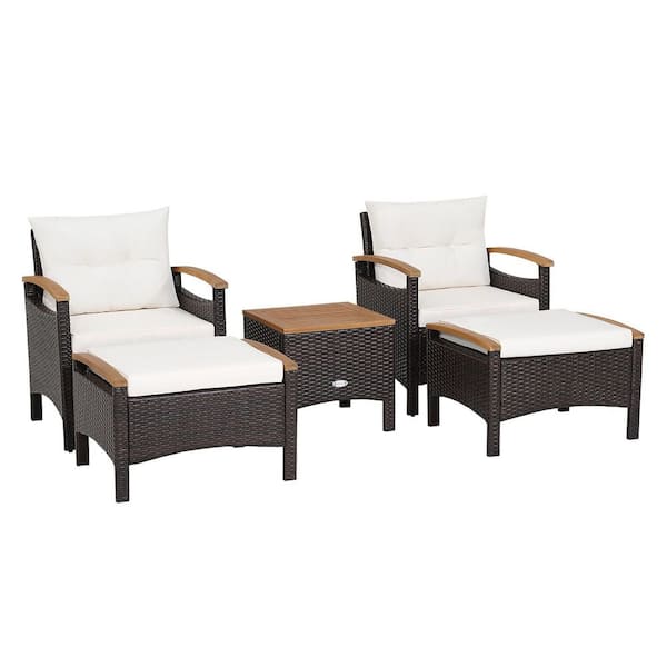 Gymax 5PCS Outdoor Patio Rattan Furniture Set PE Wicker Lounge Chair w/Wood Tabletop Off White