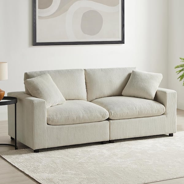Casella 80 in. Square Arm Corduroy Fabric Rectangle Down Cushion 2-Piece Sofa in Beige